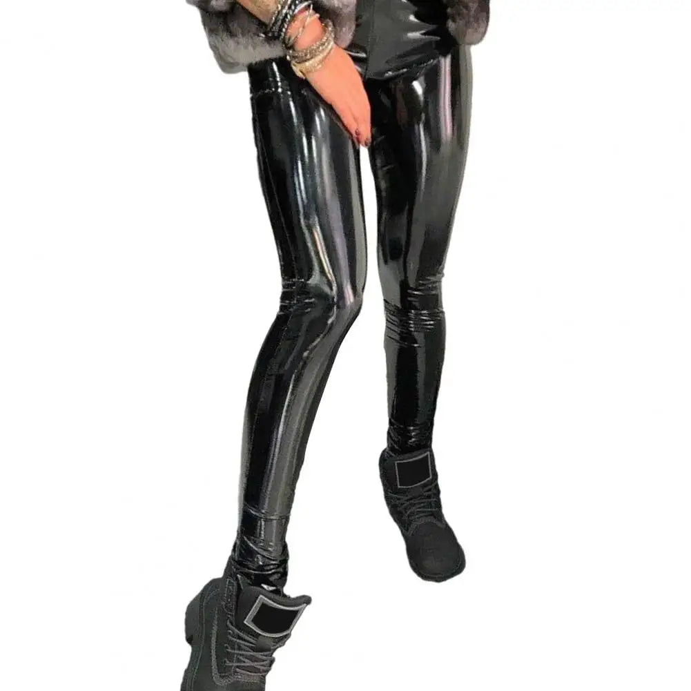 Pantalon Crayon Faux Cuir Femme | Taille Haute Miroir Brillant | Slim Soirée Nightclub | Sexy
