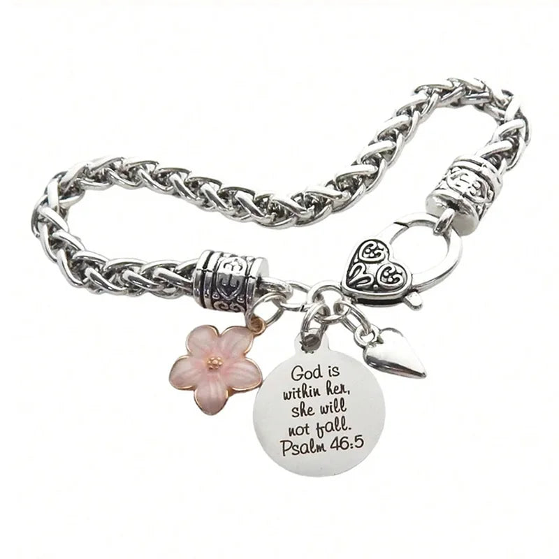 Flower Heart Bible Verse Charm Bracelet Antique Silver Plated Twisted Chain Bracelets Inspirational Christian Jewelry