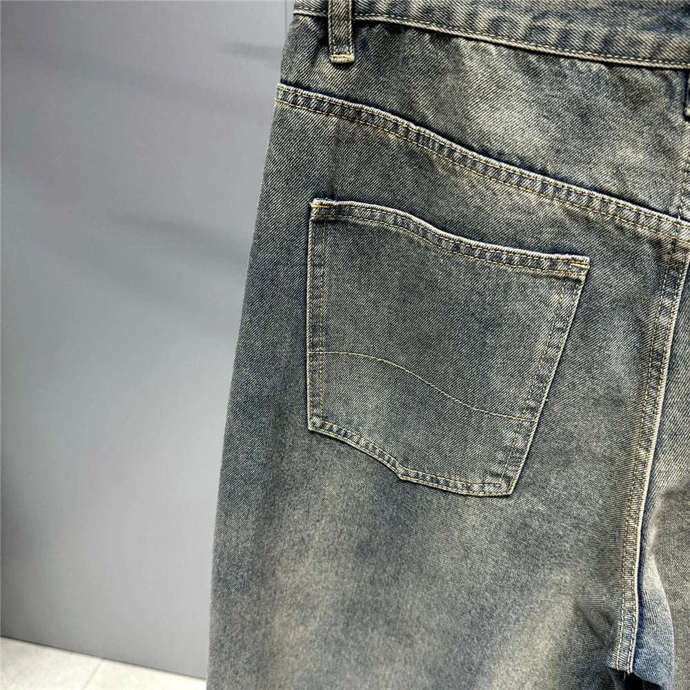 American Streetwear Baggy Jeans For Men's Clothing Vintage Distressed Gray Denim Pants Harajuku Casual Skateboard Pants Male