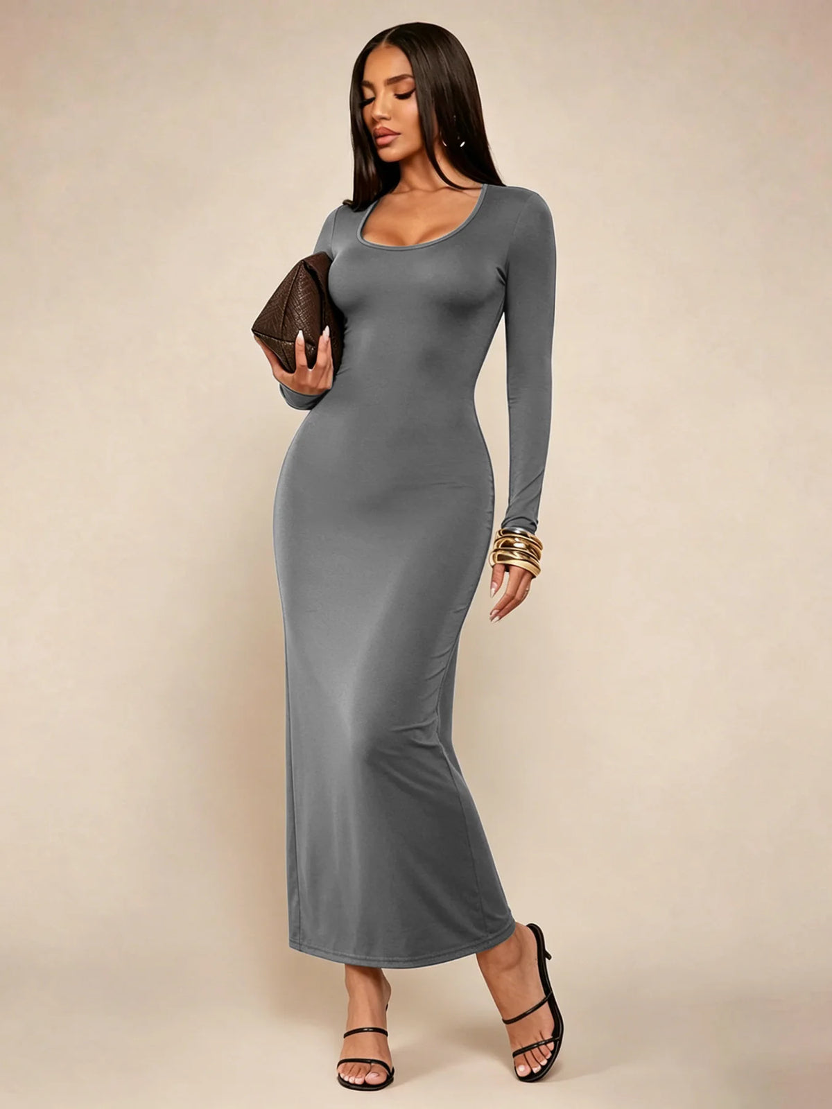 Women's Solid Long Sleeve Bodycon Dress, Chic Basic Minimalist Casual Fashion Scoop Neck Long Dress, Womenswear