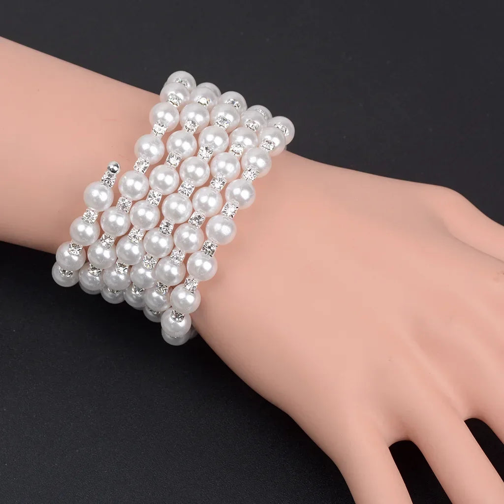 Elegant Multi-Layer Pearl Bracelet Adjustable Crystal Beaded Bangle for Women Wristband Bridal Jewelry Weddings Party Gifts