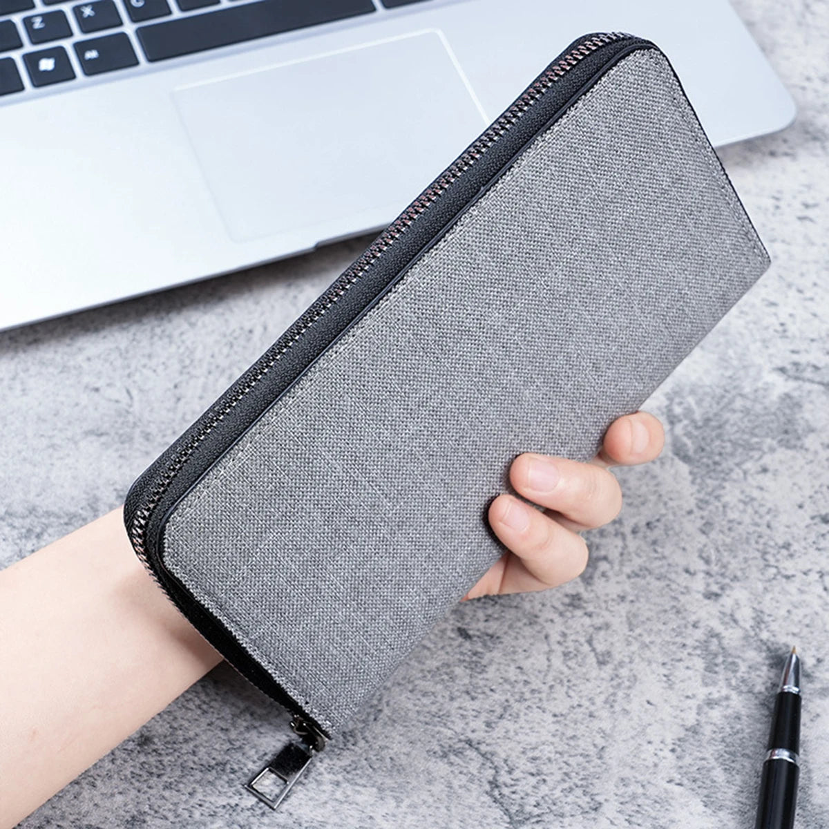 Men's Long Wallet Large Capacity Multiple Card Slots Canvas Zippered Purse Business Handbag Card Holder Wallet Coin Bag
