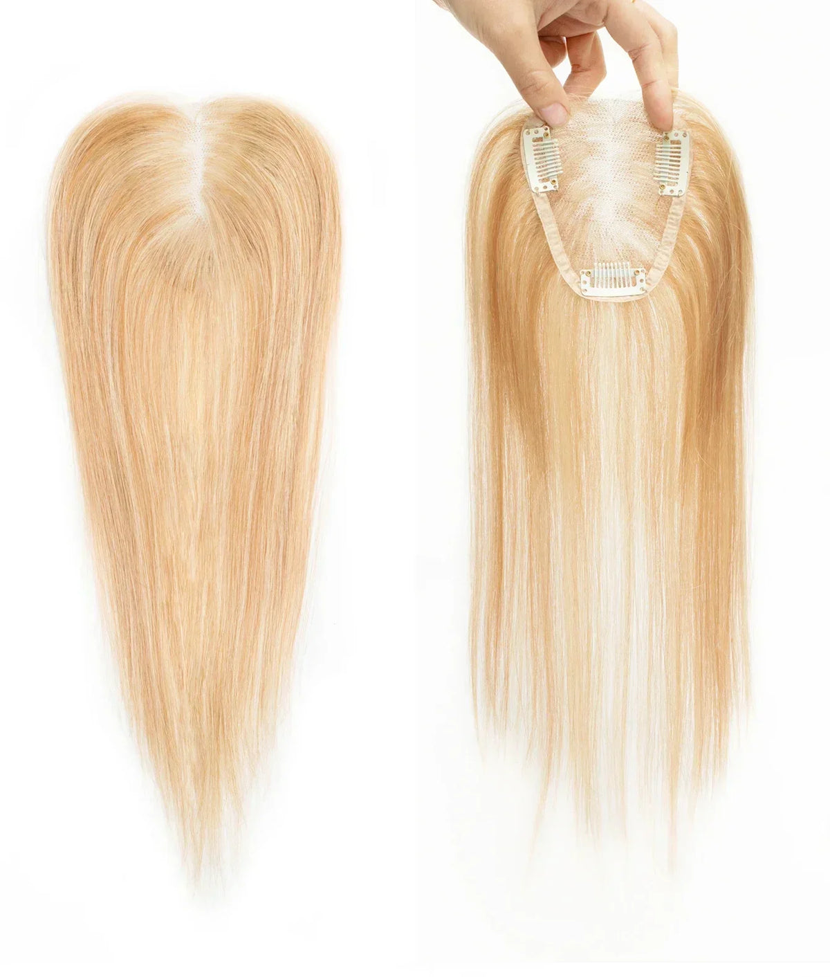 100% Human Hair Toppers Wigs with Bangs Silk Base Clip-in Hair Extensions for Women 16-inch Topper Hair