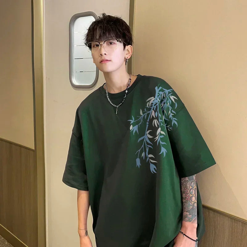 T-Shirt Homme Oversize Coton | Blanc | Imprimé Bambou | Jusqu'au 5XL | Casual Été Mode