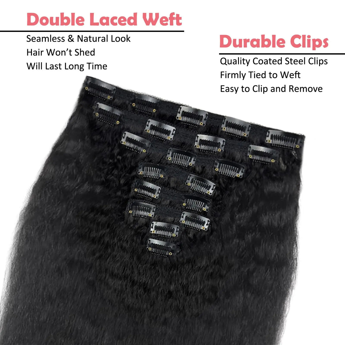 Extensions à Clips Kinky Straight Yaki 18 Pouces | Cheveux Humains Remy | Sans Couture | Femme