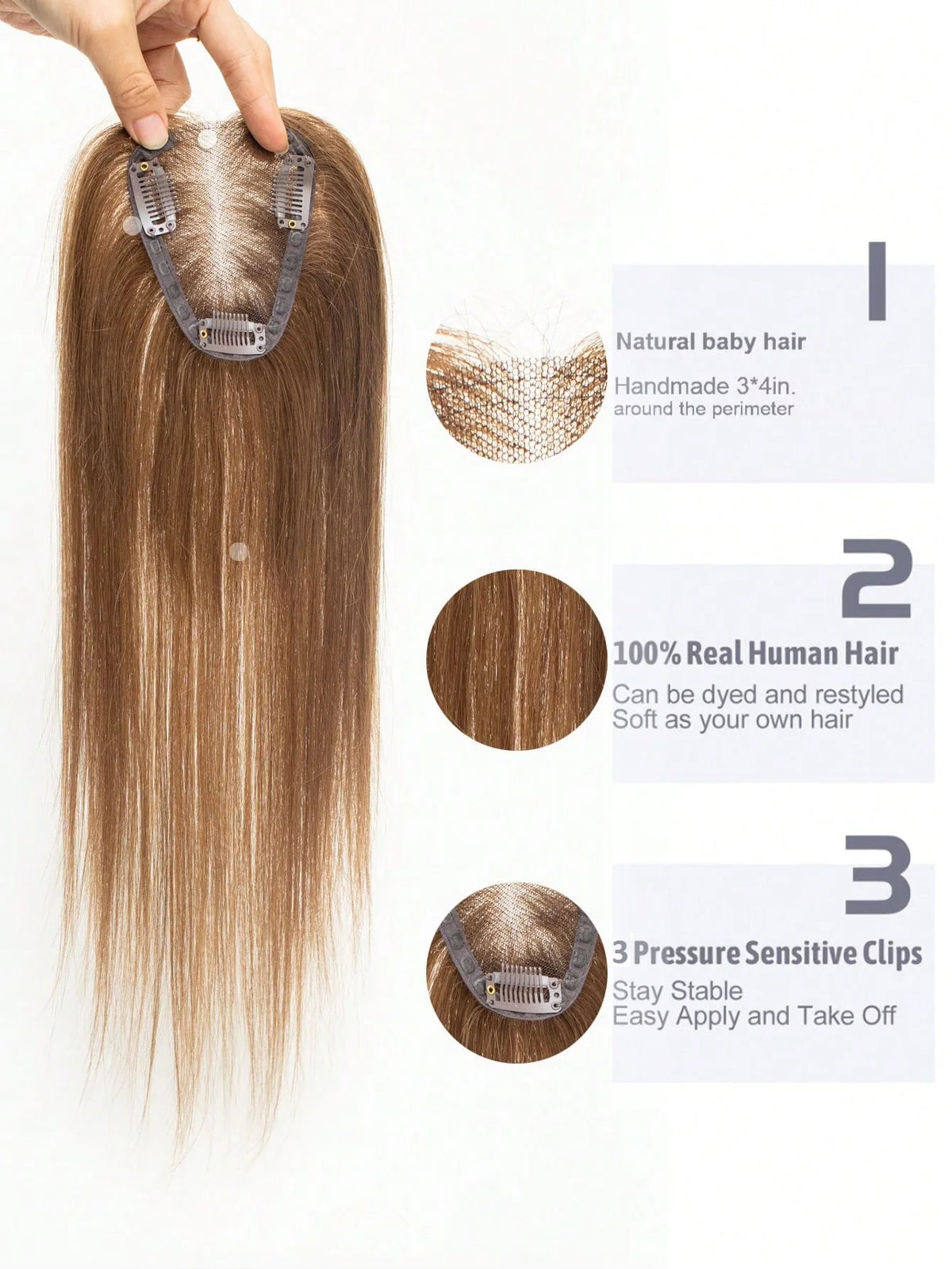 100% Human Hair Toppers Wigs with Bangs Silk Base Clip-in Hair Extension for Women 16-inch Topper Hair