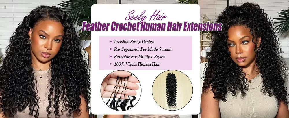 Extensions Crochet Cheveux Humains | Nœuds Invisibles | Pré-Loop | Deep Curly Wave | 14-22 Pouces | Femme