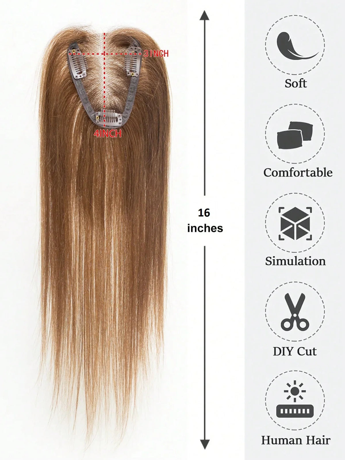 100% Human Hair Toppers Wigs with Bangs Silk Base Clip-in Hair Extension for Women 16-inch Topper Hair
