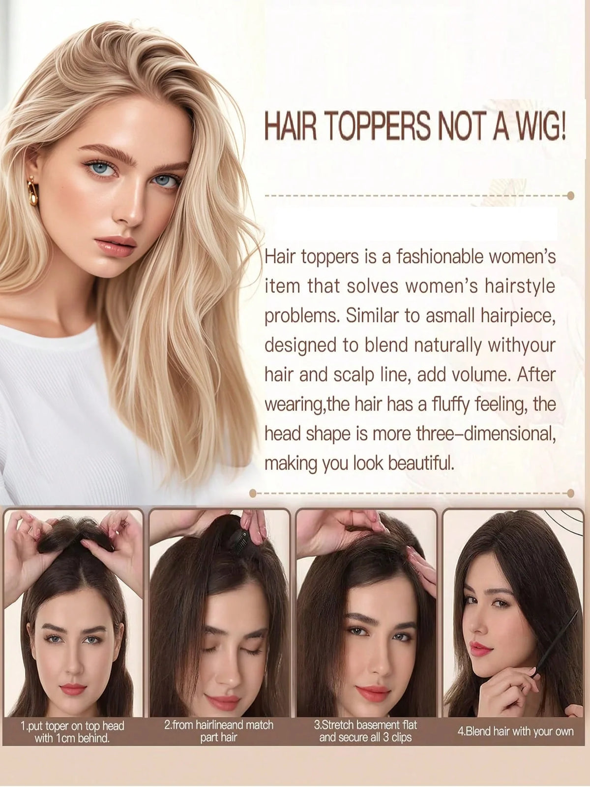 100% Human Hair Toppers Wigs with Bangs Silk Base Clip-in Hair Extension for Women 16-inch Topper Hair