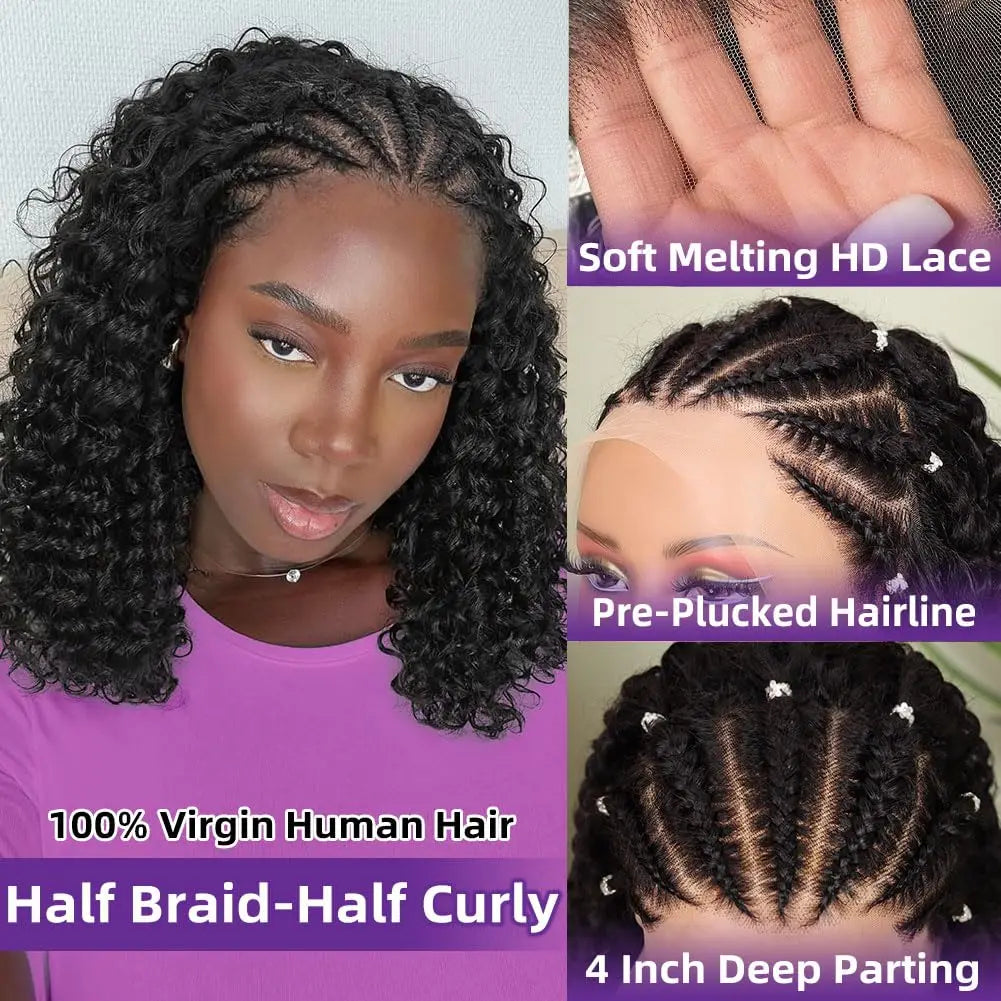 Perruque Bob Curly | 13x4 Lace Front | Tresses Cornrow Pré-Tressées | Quickwig | Cheveux Humains | Femmes Noires