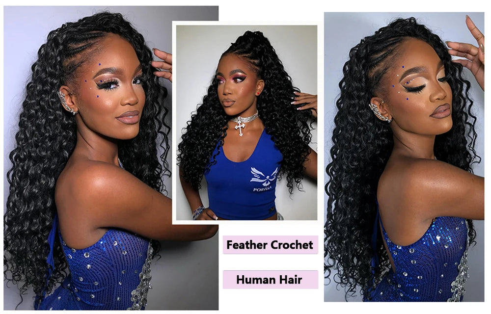 Extensions Crochet Cheveux Humains | Nœuds Invisibles | Pré-Loop | Deep Curly Wave | 14-22 Pouces | Femme