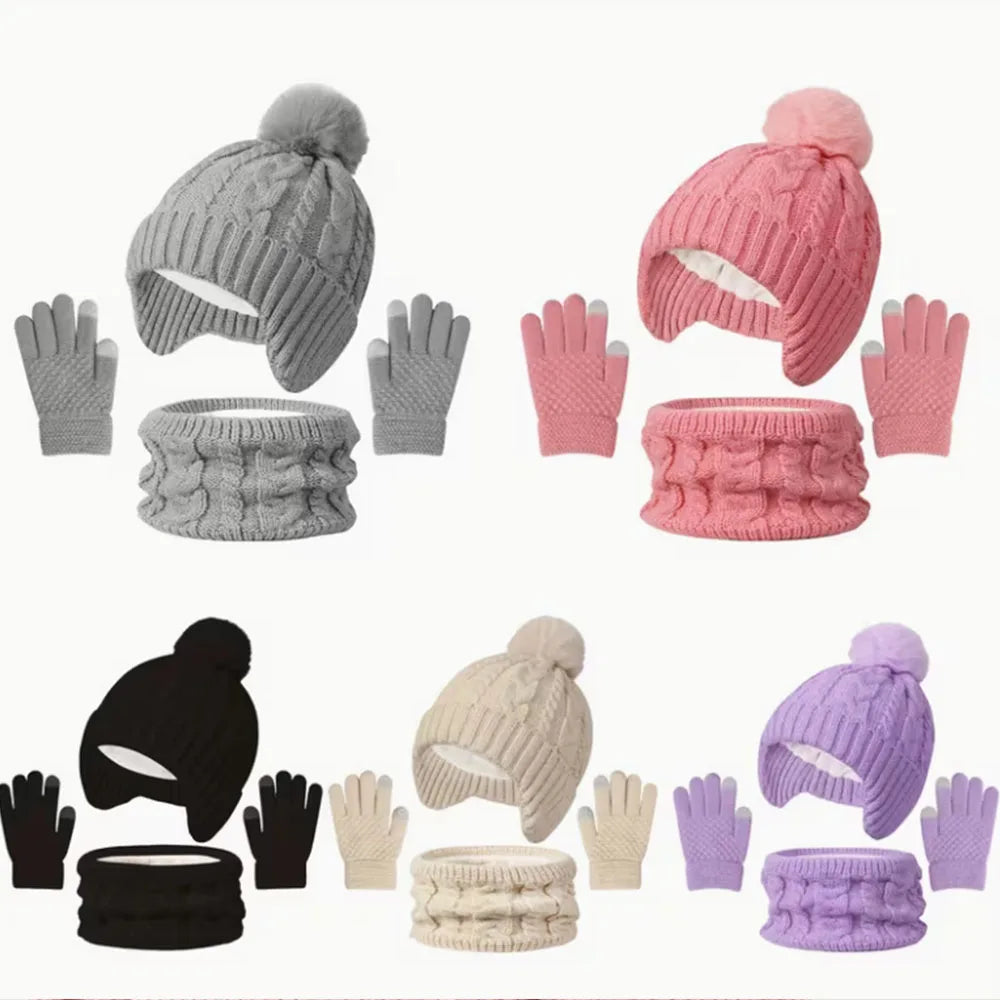 3pcs Kids Winter Warmth Set with Hat, Scarf & Gloves - Soft Pink &, Machine Washable, Polyester-Filled, Perfect for Outdoor