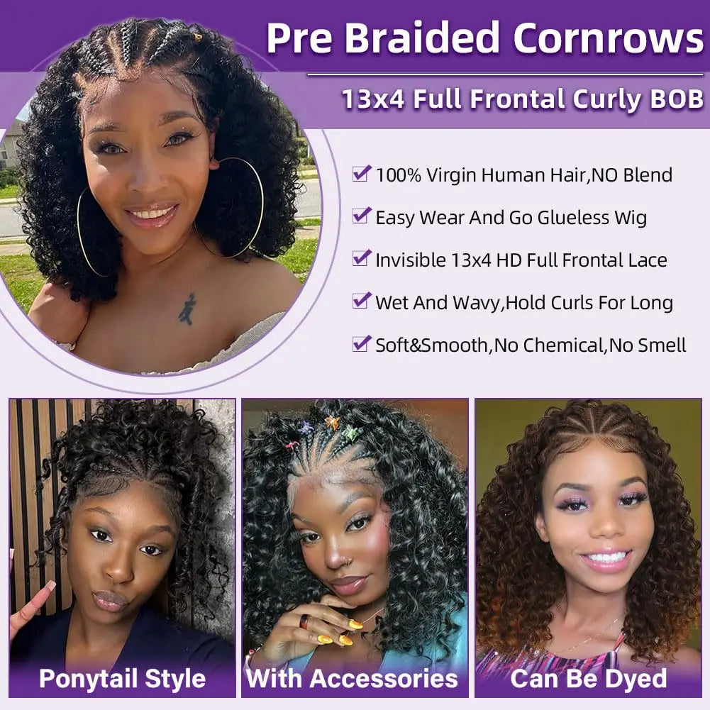 Perruque Bob Curly | 13x4 Lace Front | Tresses Cornrow Pré-Tressées | Quickwig | Cheveux Humains | Femmes Noires