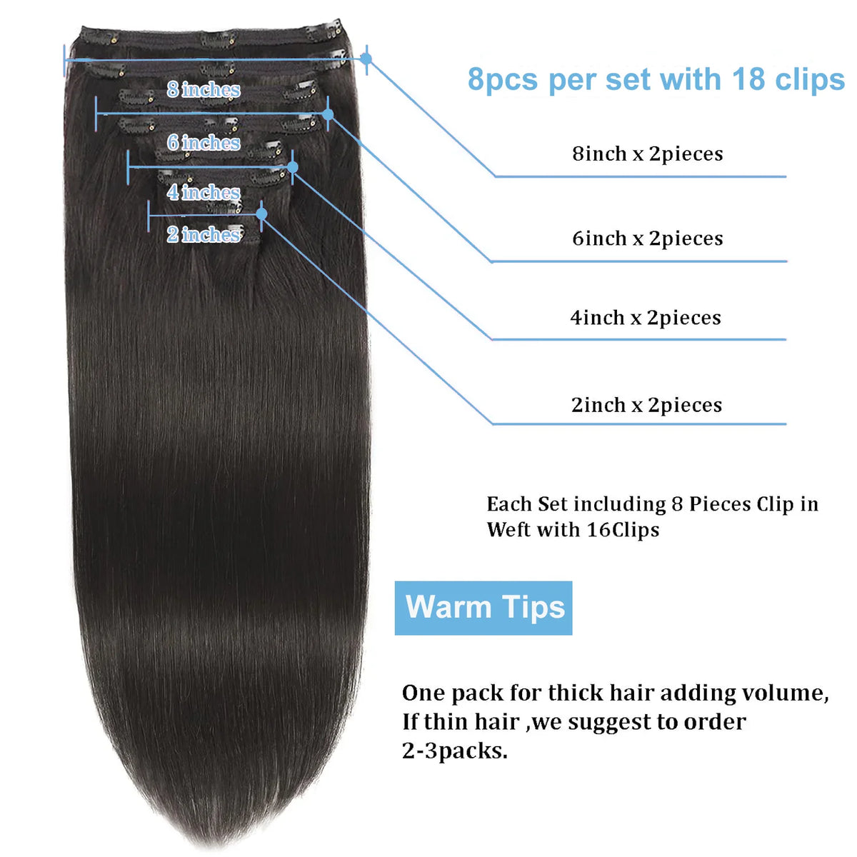 Extensions à Clips Cheveux Humains | Noir Naturel | 18 Clips | 8 Pièces | Volume Complet | Femme