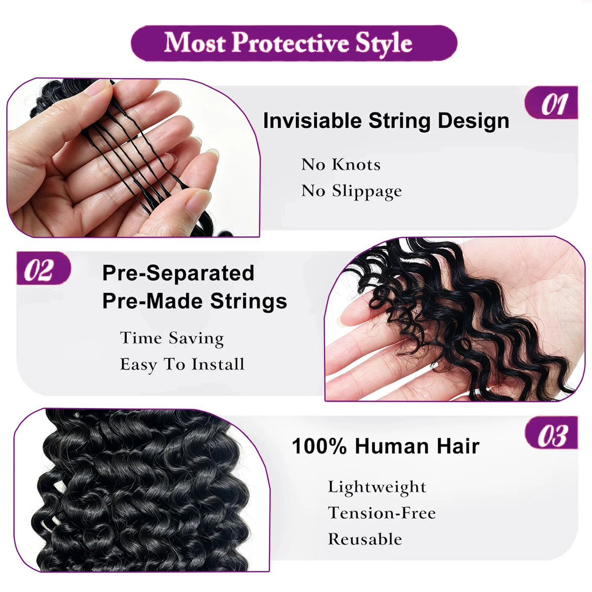 Extensions Crochet Cheveux Humains | Nœuds Invisibles | Pré-Loop | Deep Curly Wave | 14-22 Pouces | Femme