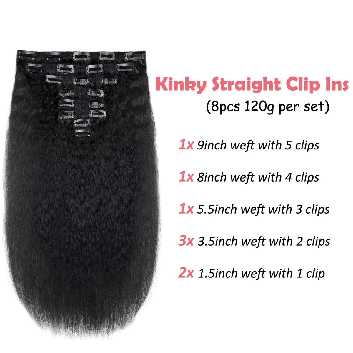 Extensions à Clips Kinky Straight Yaki 18 Pouces | Cheveux Humains Remy | Sans Couture | Femme