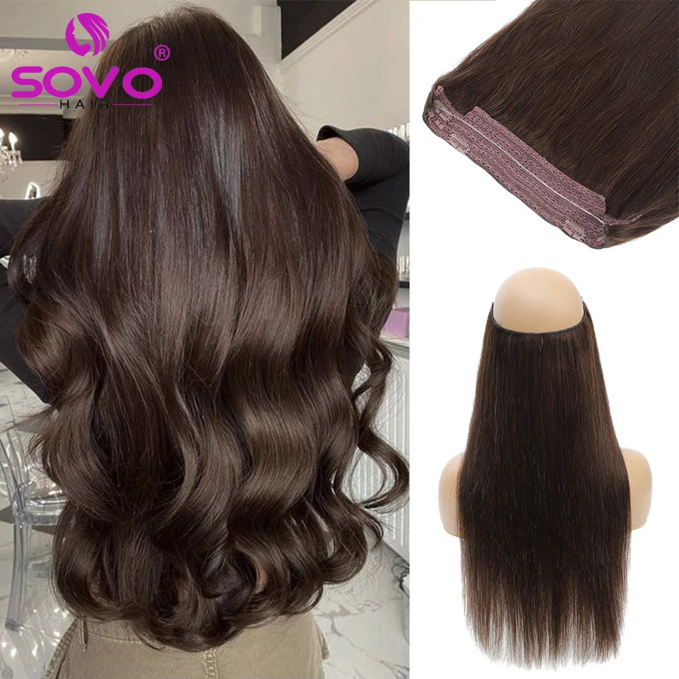 Halo Hair Extensions 100% Human Hair 14-28 Inch Hidden Wire Clip-In Hair Ombre Brown Color Human Remy Fish Line Hair Extension