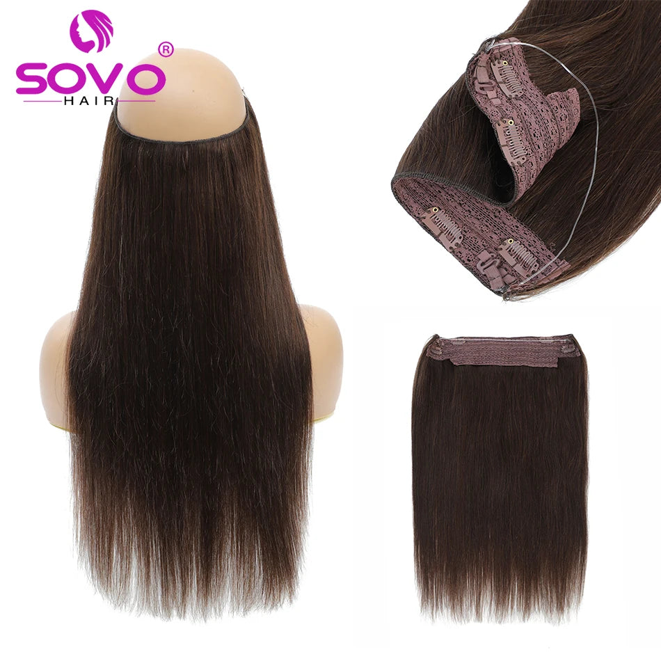 Halo Hair Extensions 100% Human Hair 14-28 Inch Hidden Wire Clip-In Hair Ombre Brown Color Human Remy Fish Line Hair Extension