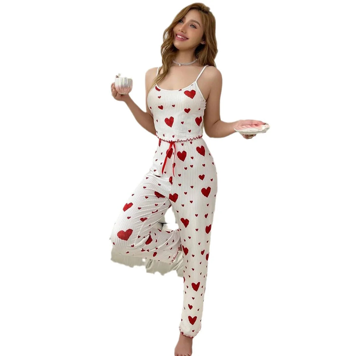 Women's Pajamas, Plus Size Pajama Set, 2-Piece Short Vest + Trousers, White, Breathable, Soft, Casual, Love Print