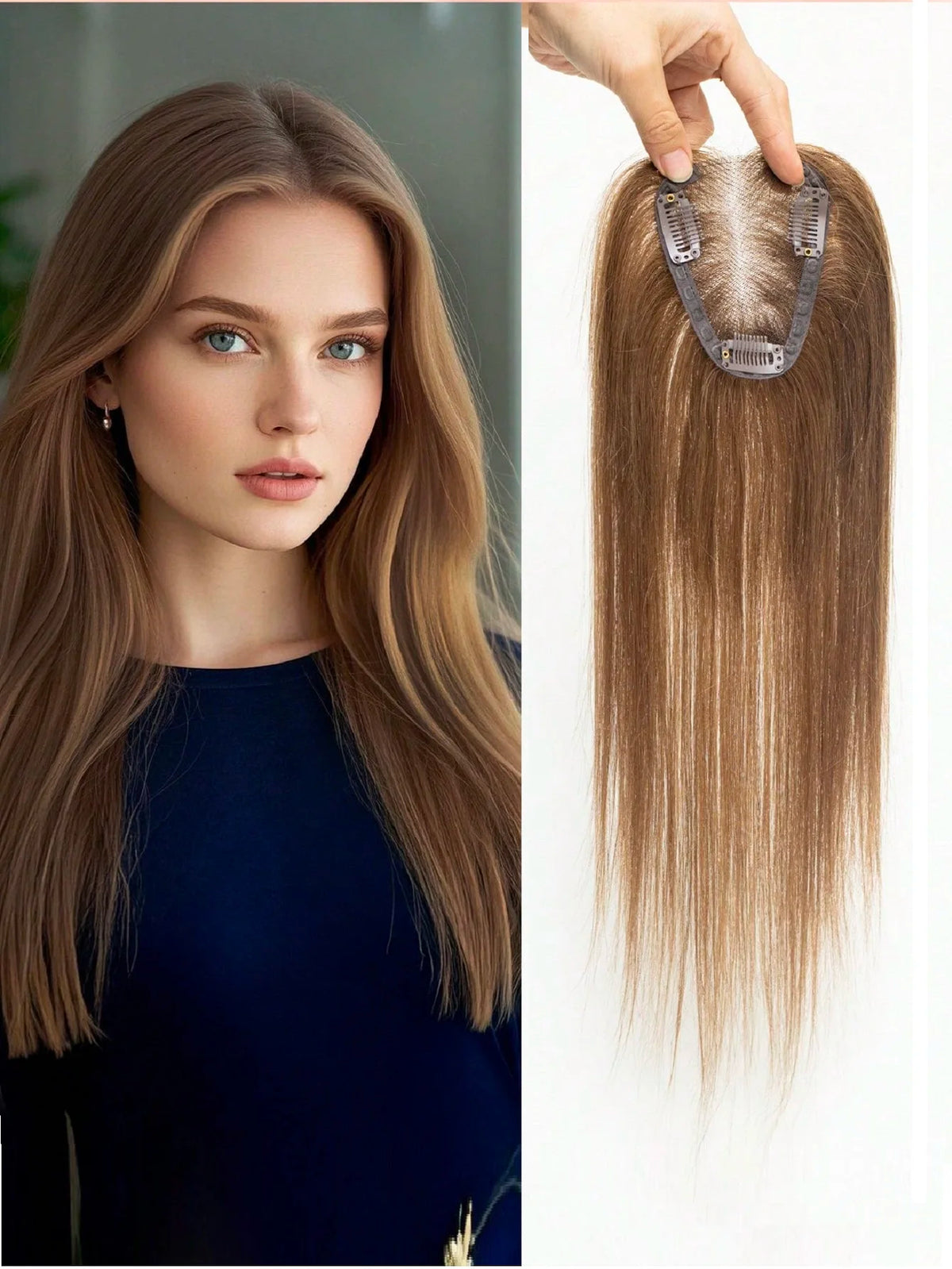 100% Human Hair Toppers Wigs with Bangs Silk Base Clip-in Hair Extensions for Women 16-inch Topper Hair