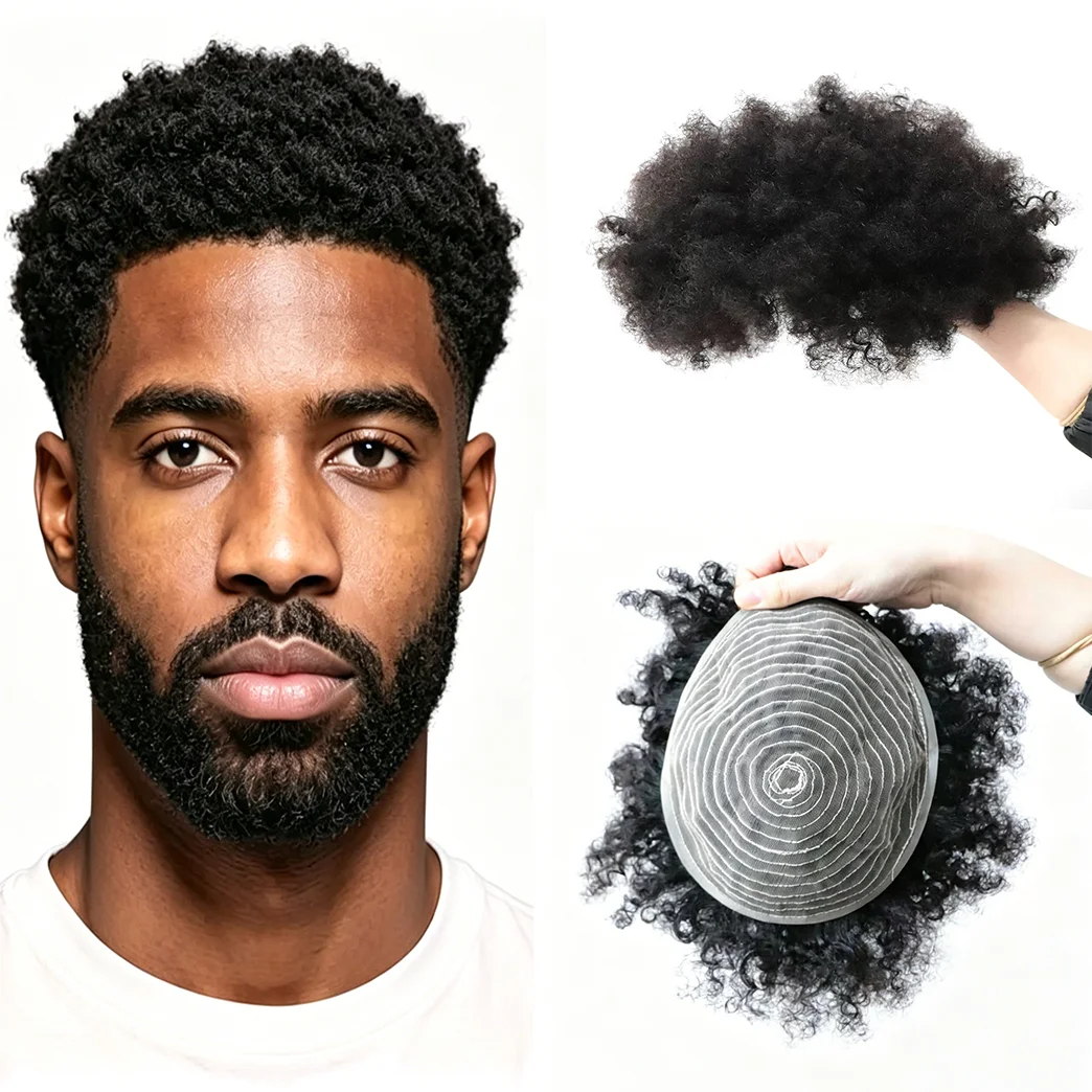 Men's African Curly Human Hair Wig | Full Coverage with Breathable Lace Base, Soft Natural Curls, Comfortable Secure Fit