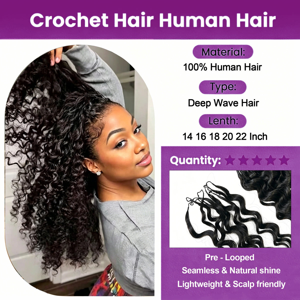 Extensions Crochet Cheveux Humains | Nœuds Invisibles | Pré-Loop | Deep Curly Wave | 14-22 Pouces | Femme