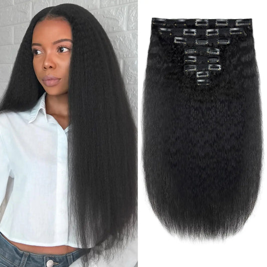18 Inch Kinky Straight Clip-in Hair Extensions Real Human Hair Yaki Straight Clip-ins Seamless Remy Human Hair Clip-in Extension