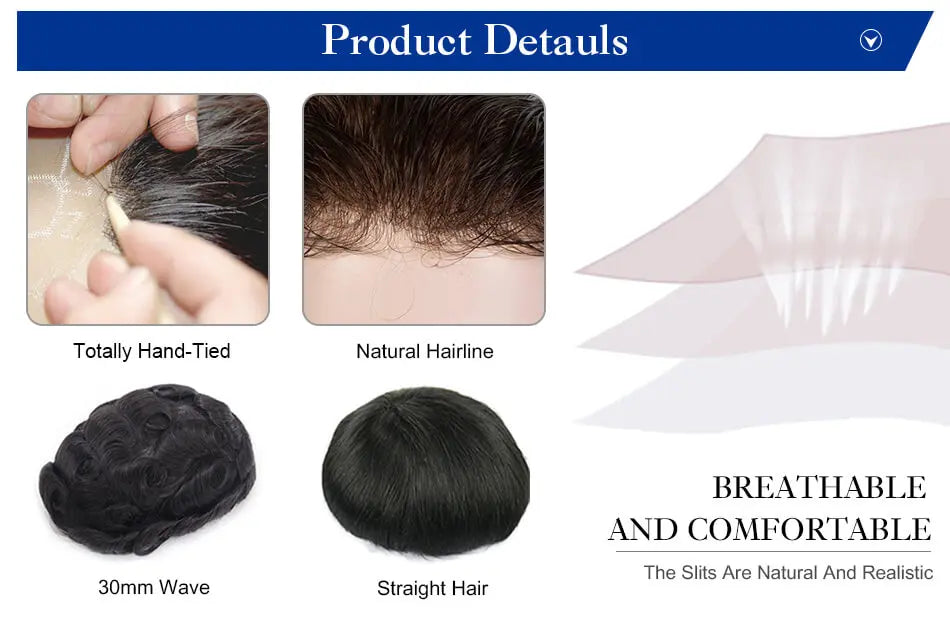 Toupét Homme Cheveux Humains Bouclés | Ligne Frontale Réaliste | Base PU Fine | Style V | Perruque Masculine