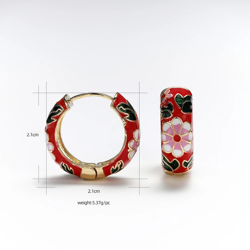 Boucles Créoles Fleur Émail Élégantes | Huggie Vintage Bohème | Petites Cercles | Bijou Femme Cadeau