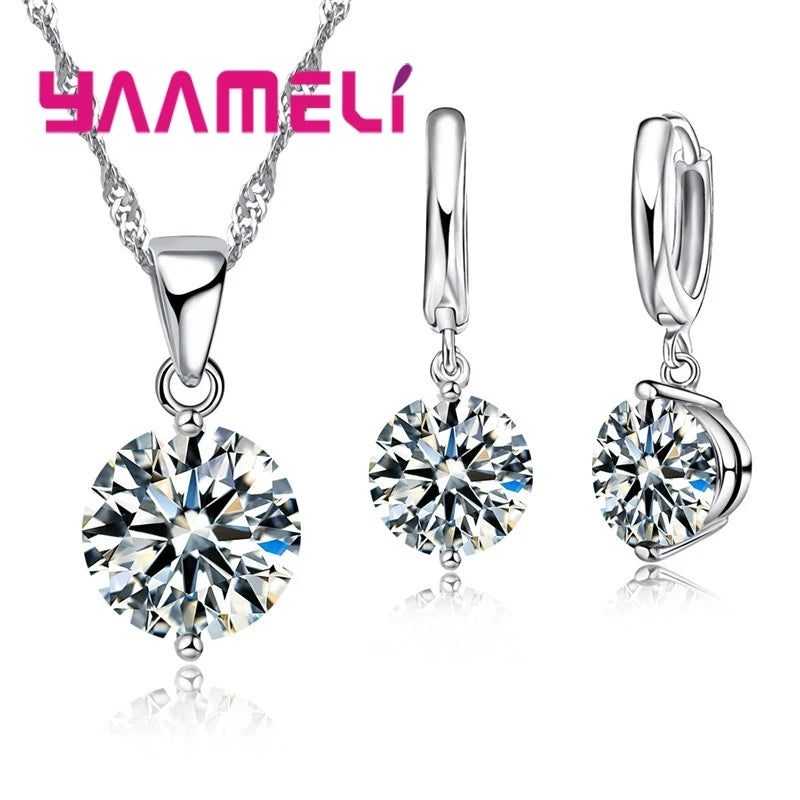Parure Collier Pendentif & Huggies Argent 925 | CZ Autrichien Cristal | Mariage & Fiçailles | Femme Fille Cadeau