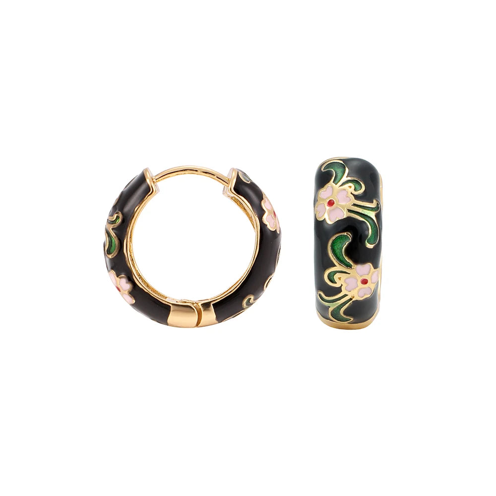 Boucles Créoles Fleur Émail Élégantes | Huggie Vintage Bohème | Petites Cercles | Bijou Femme Cadeau