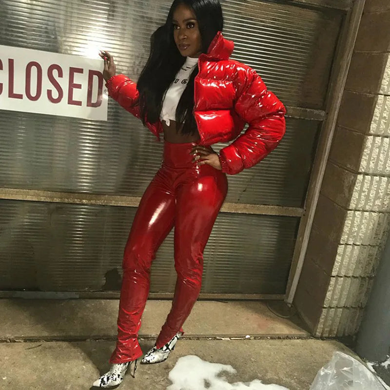 New Crop Bubble Puffer Winter Jacket Coats Faux Patent Leather Warm Long Sleeve Women Outerwear Zipper Casual Solid Parkas