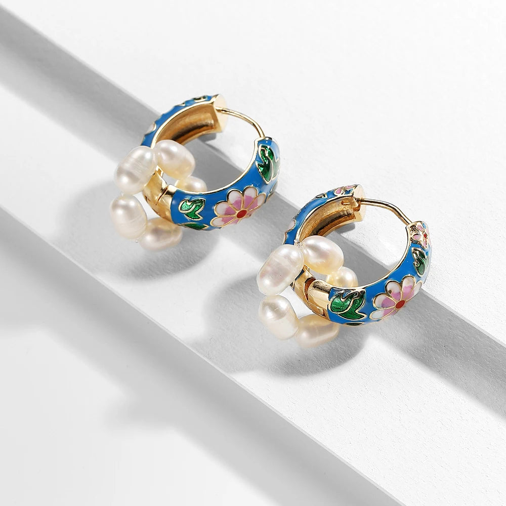 Boucles Créoles Fleur Émail Élégantes | Huggie Vintage Bohème | Petites Cercles | Bijou Femme Cadeau
