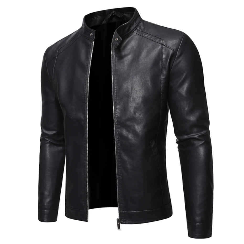Veste motard noire en similicuir PU pour homme | Col montant
