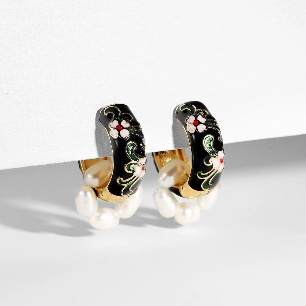 Boucles Créoles Fleur Émail Élégantes | Huggie Vintage Bohème | Petites Cercles | Bijou Femme Cadeau