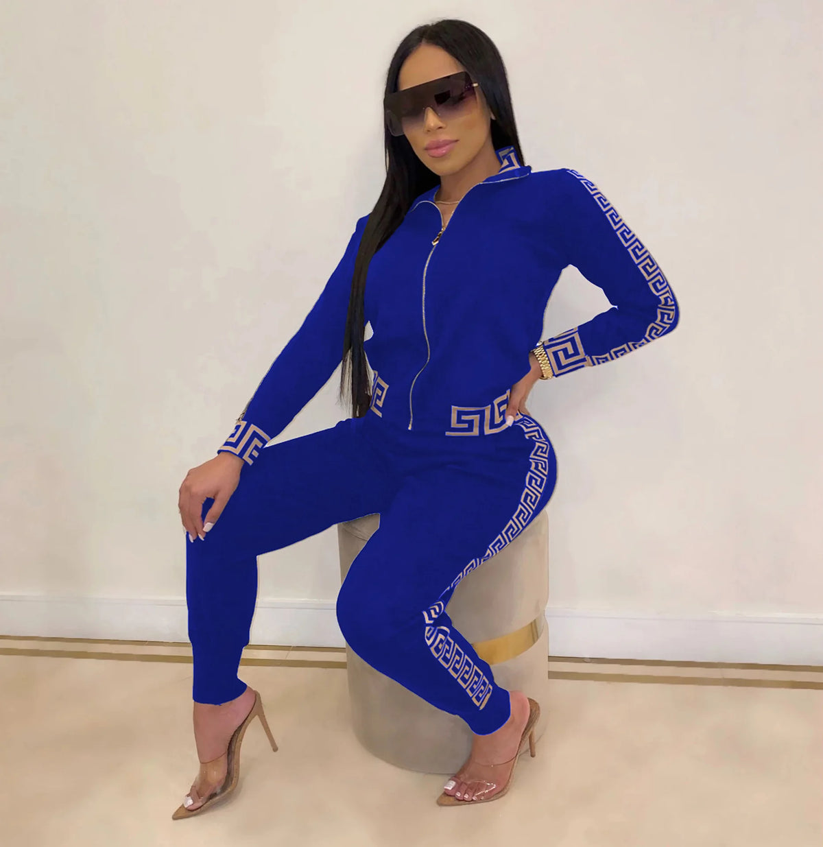 Jogging Femme Y2k 2025 | Ensemble 2 Pièces Élégant | Imprimé Grec | Veste Zippée & Pantalon | Grande Taille