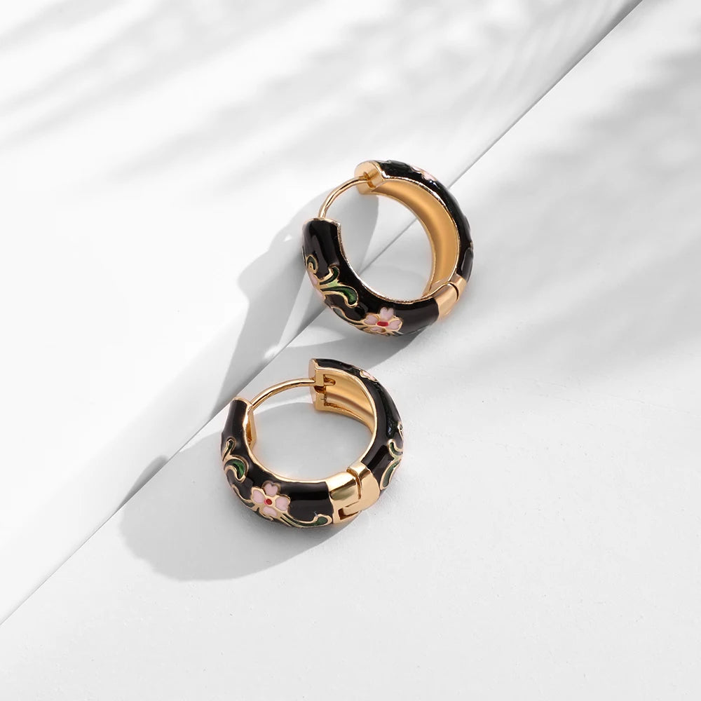 Boucles Créoles Fleur Émail Élégantes | Huggie Vintage Bohème | Petites Cercles | Bijou Femme Cadeau