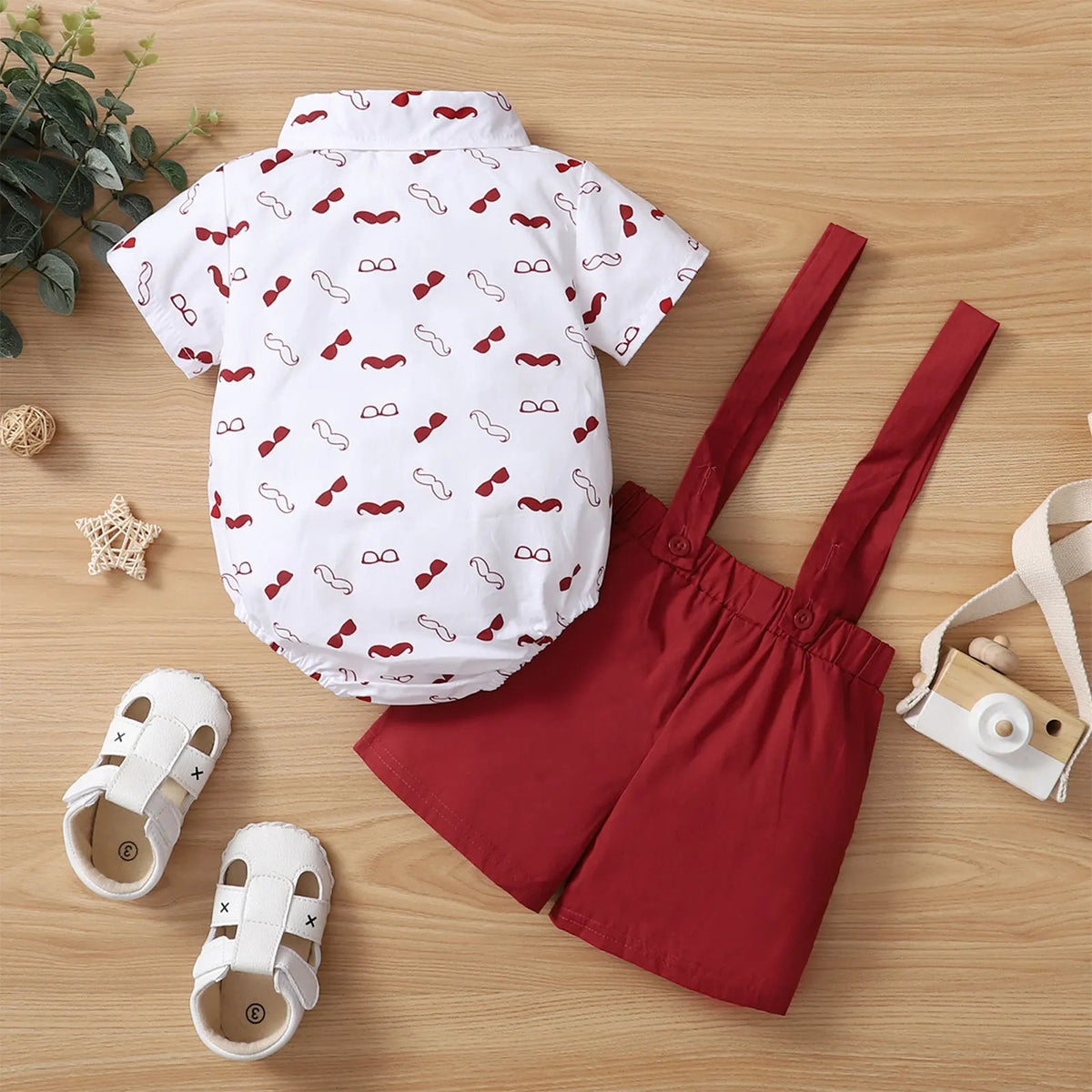 Baby Boys Clothes Set, Beard Print Short Sleeve Lapel Neck Shirt + Solid Color Suspender Shorts