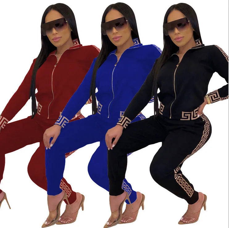 Jogging Femme Y2k 2025 | Ensemble 2 Pièces Élégant | Imprimé Grec | Veste Zippée & Pantalon | Grande Taille