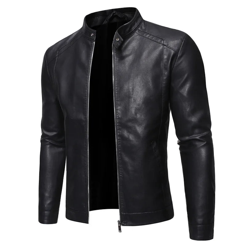 Veste motard noire en similicuir PU pour homme | Col montant