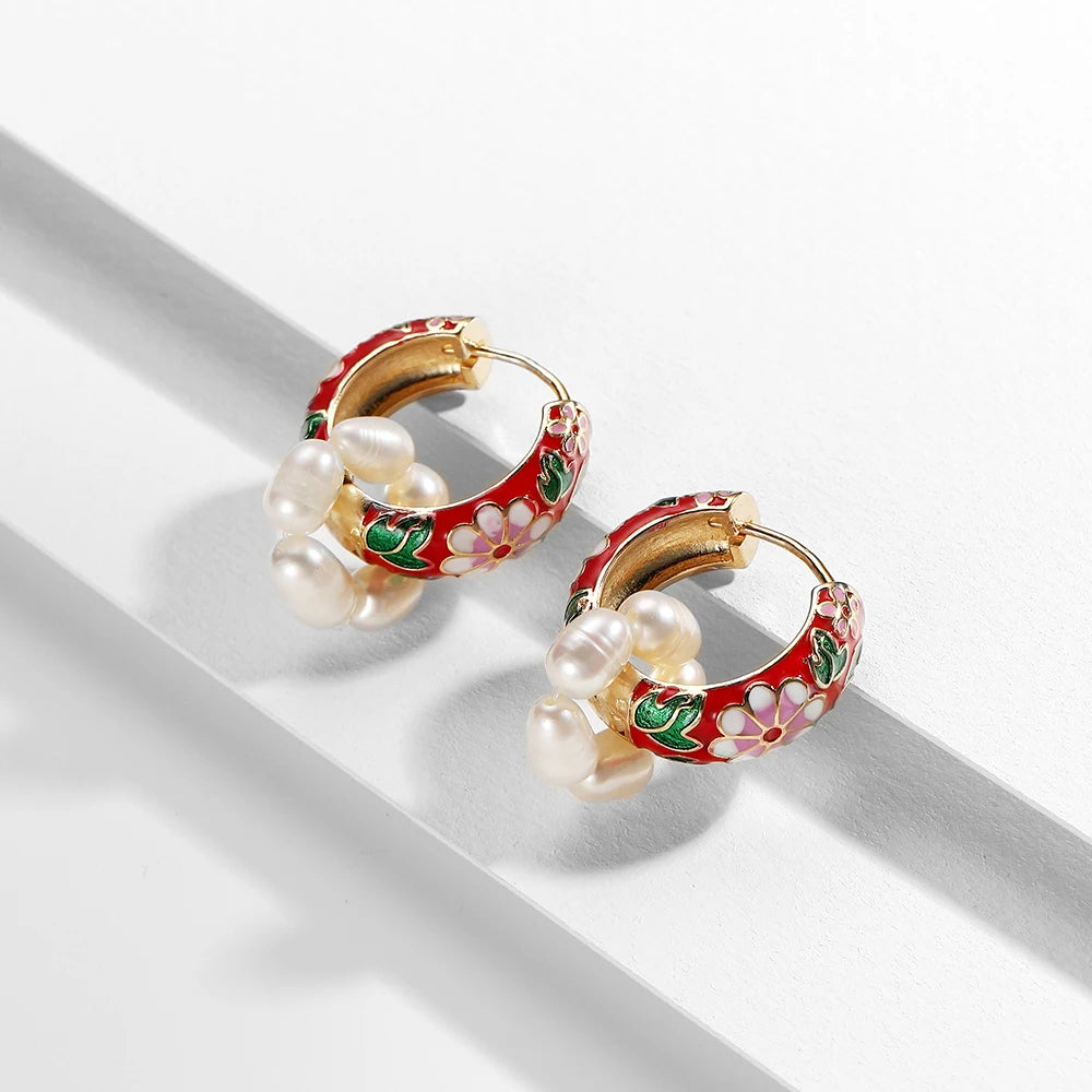 Boucles Créoles Fleur Émail Élégantes | Huggie Vintage Bohème | Petites Cercles | Bijou Femme Cadeau
