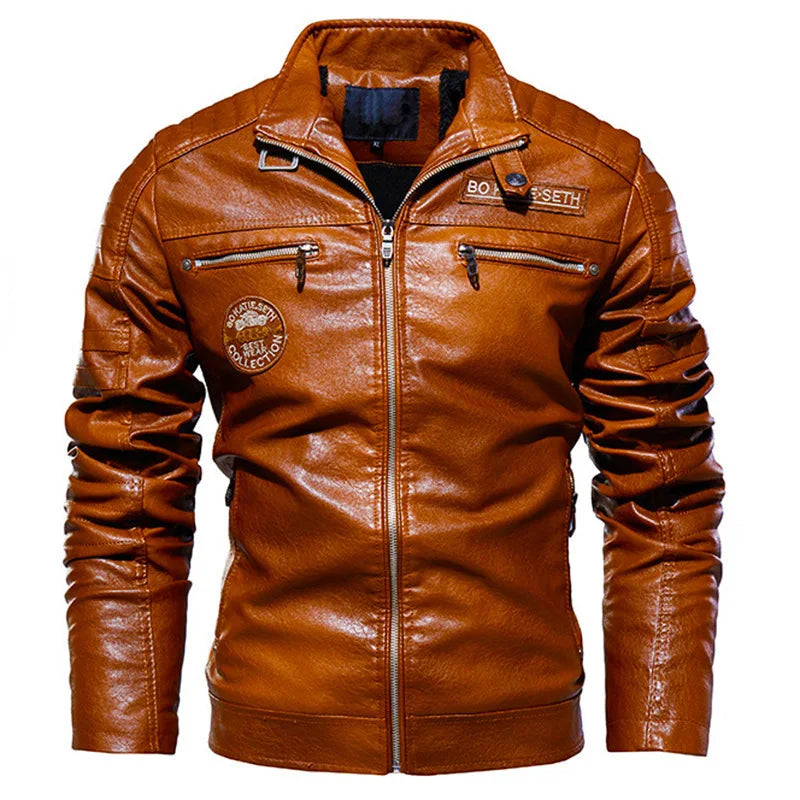 Leather Jacket Men Winter Fleece Motorcycle PU Leather Jacket Male Stand Collar Casual Windbreaker Ropa De Hombre Coat Plus Size