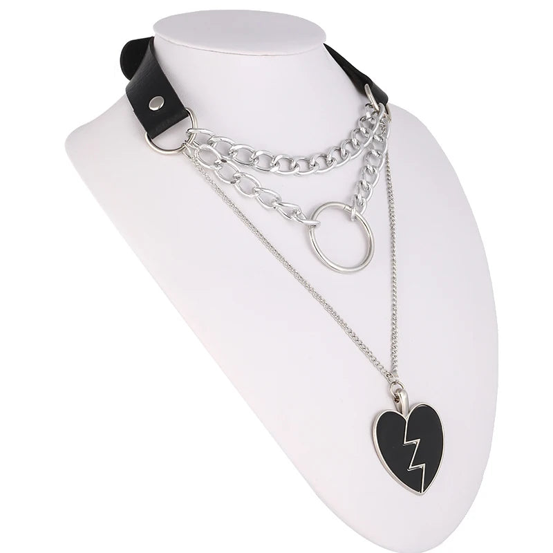 Layered Chain Necklace Punk Choker Collar Goth Pendant Necklace Women Black Leather Emo Gothic Jewelry