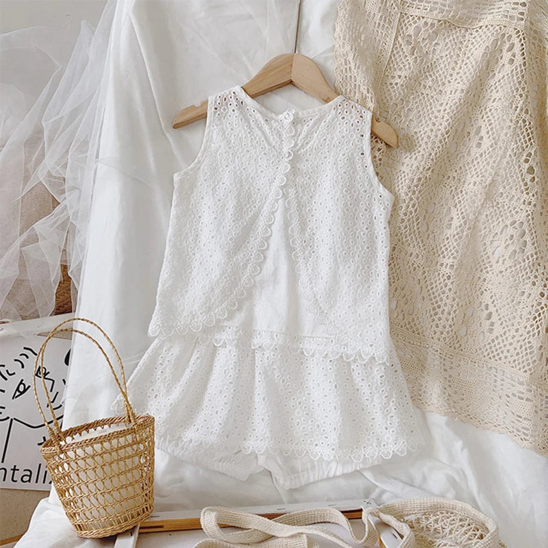 Girls Outfit Set 2026 Summer Clothing Sets Hollow Lace Suit Baby Casual Sleeveless T-shirt+Shorts Kids Clothes Sets Baby Clothes