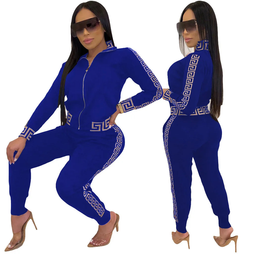 Jogging Femme Y2k 2025 | Ensemble 2 Pièces Élégant | Imprimé Grec | Veste Zippée & Pantalon | Grande Taille