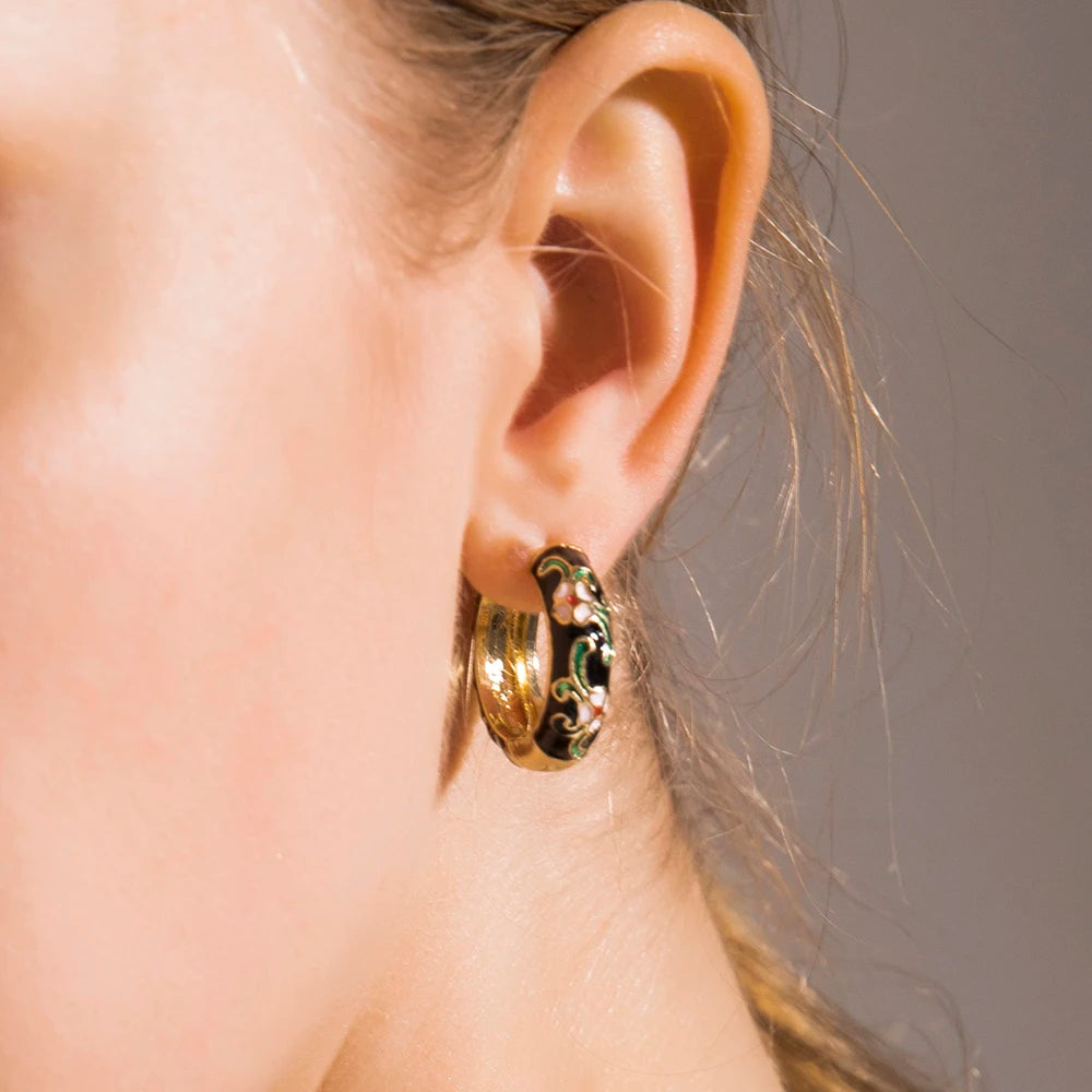 Boucles Créoles Fleur Émail Élégantes | Huggie Vintage Bohème | Petites Cercles | Bijou Femme Cadeau