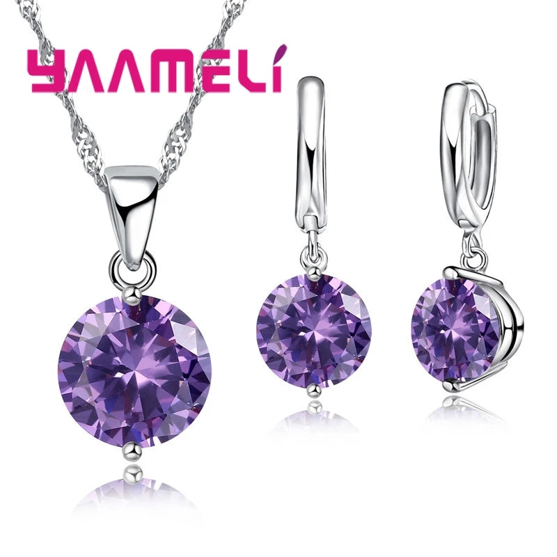 Parure Collier Pendentif & Huggies Argent 925 | CZ Autrichien Cristal | Mariage & Fiçailles | Femme Fille Cadeau