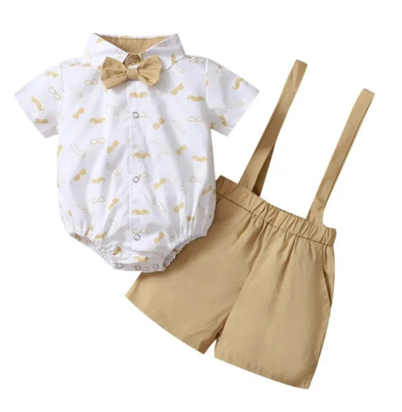 Baby Boys Clothes Set, Beard Print Short Sleeve Lapel Neck Shirt + Solid Color Suspender Shorts