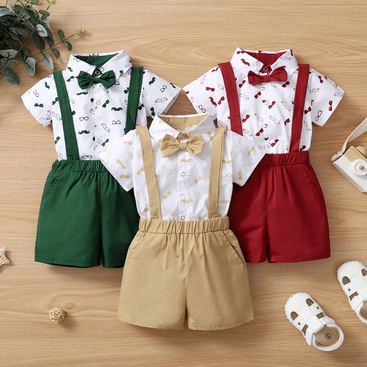 Baby Boys Clothes Set, Beard Print Short Sleeve Lapel Neck Shirt + Solid Color Suspender Shorts
