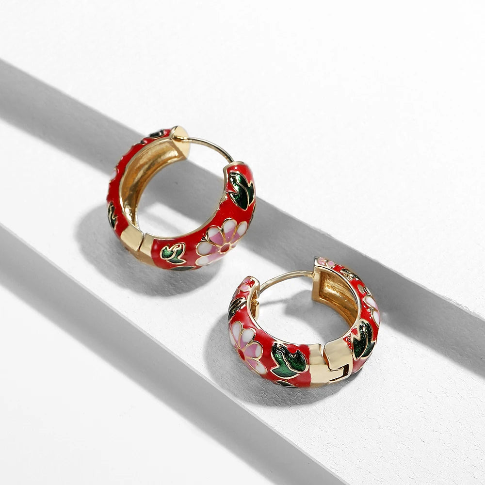 Boucles Créoles Fleur Émail Élégantes | Huggie Vintage Bohème | Petites Cercles | Bijou Femme Cadeau